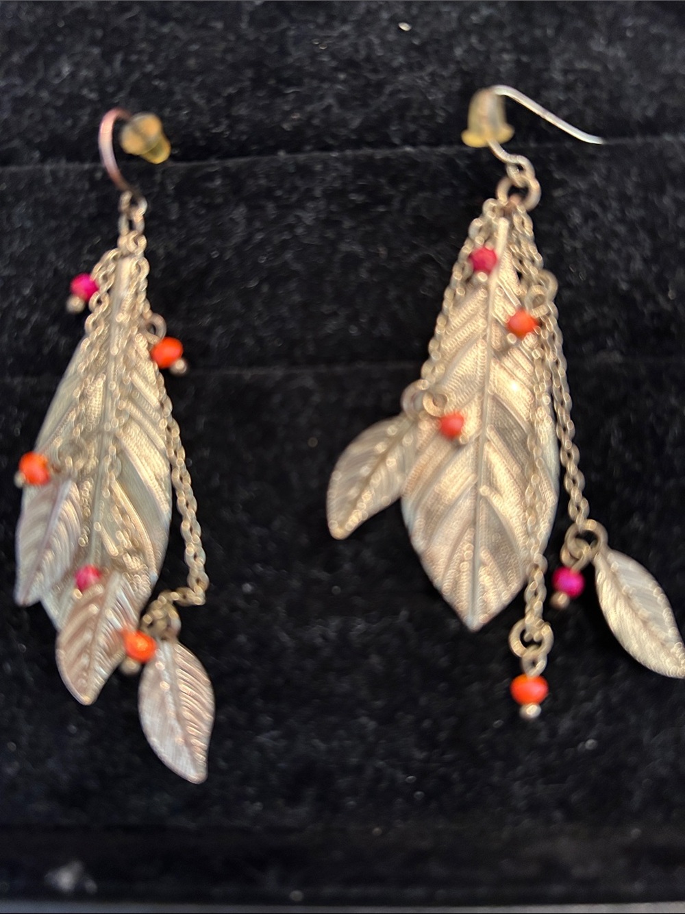 Bohemian Gold Leaf Dangle Earrings with Orange Beads